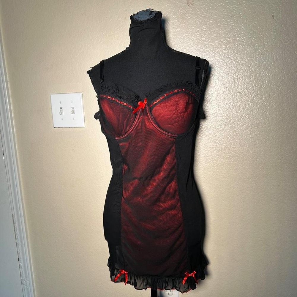 Pucker Up Y2K Black Red Polka Dot Lace Bustier Mini Lingerie Dress 1XL